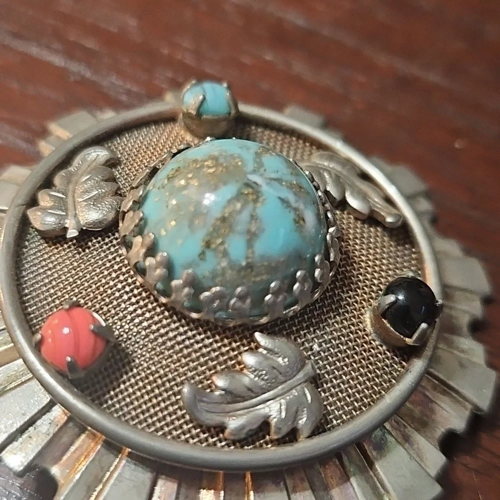 Victorian Etruscan Style Sunburst Faux Coral Turquoise Leaf Brooch Pin Pendant